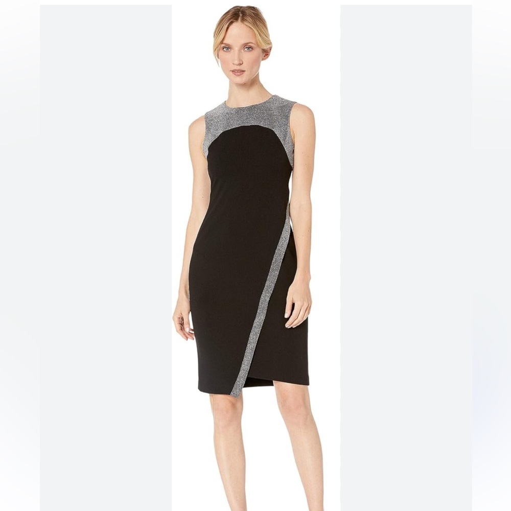 NWT Tommy Hilfiger black & silver metallic-trim asymmetrical sheath dress size 6